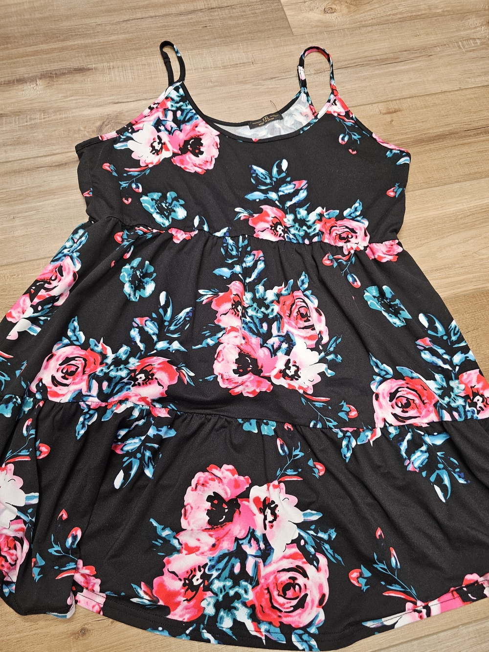 Floral Tiered Cami Dress - Black with Pink & Teal Roses - Picture 1 of 2